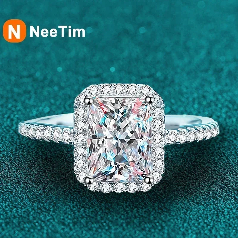 NeeTim 2 Carat Moissanite Ring for Women Emerald Radiant Cut Diamond Sterling Silver 925 with 18KGold Plated Wedding Bridal Band Vera Lux