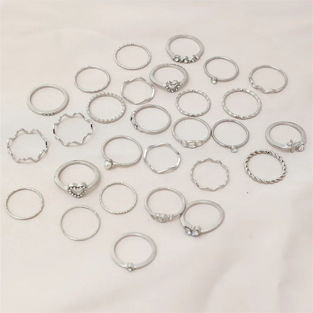 28Pcs Fashion Geometric Knuckle Rings Set For Women Crystal Heart Gold Silver Color Rings Girls  Party Jewelry Accessories Vera Lux