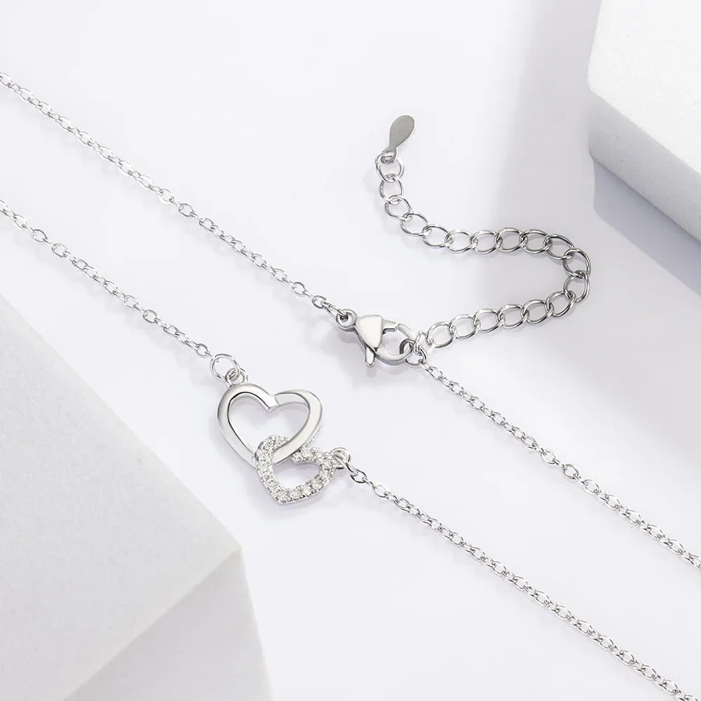 925 Sterling Silver Zircon Double Heart Necklaces For Women Girls Wedding Luxury Designer Jewelry Accessories Argent 925 Vera Lux