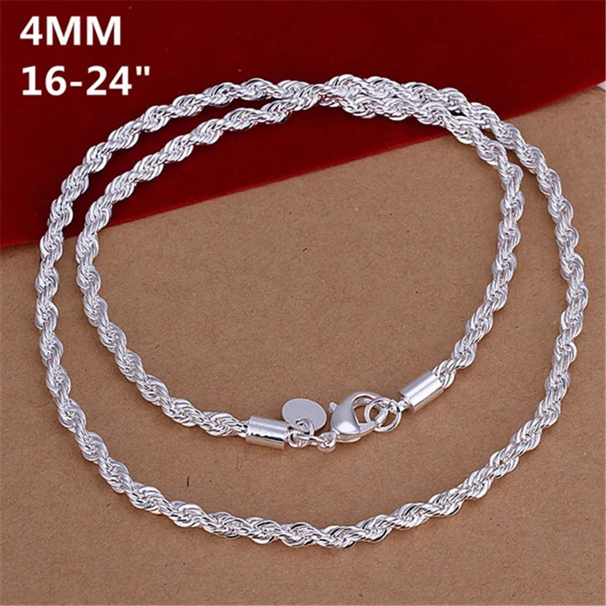 16-24inch For Women Men Beautiful Fashion 925 Sterling Silver Charm 4mm Rope Chain Necklace Fit Pendant High Quality Jewelry Vera Lux