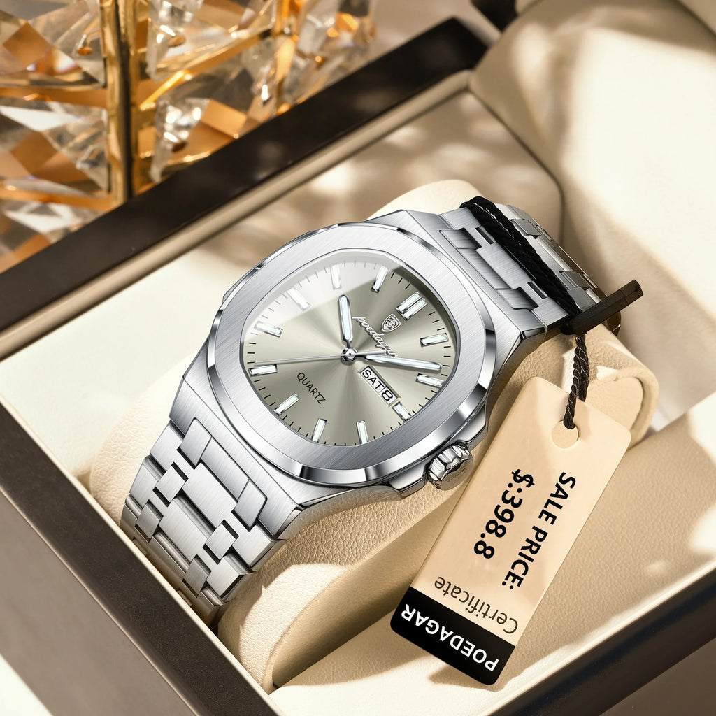 POEDAGAR Trendy Casual Wristwatch For Men Week Date Stainless Steel Man Watch Luminous Waterproof Luxury Quartz Men Watches+Box Vera Lux
