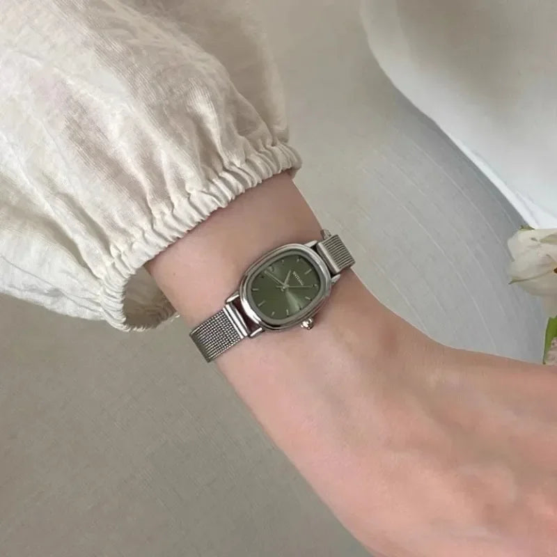 Small Oval Dial Green Watch Simple Stainless Steel Ladies Wristwatches Brand Women Luxury Gift Quartz Watch Dropshipping Vera Lux