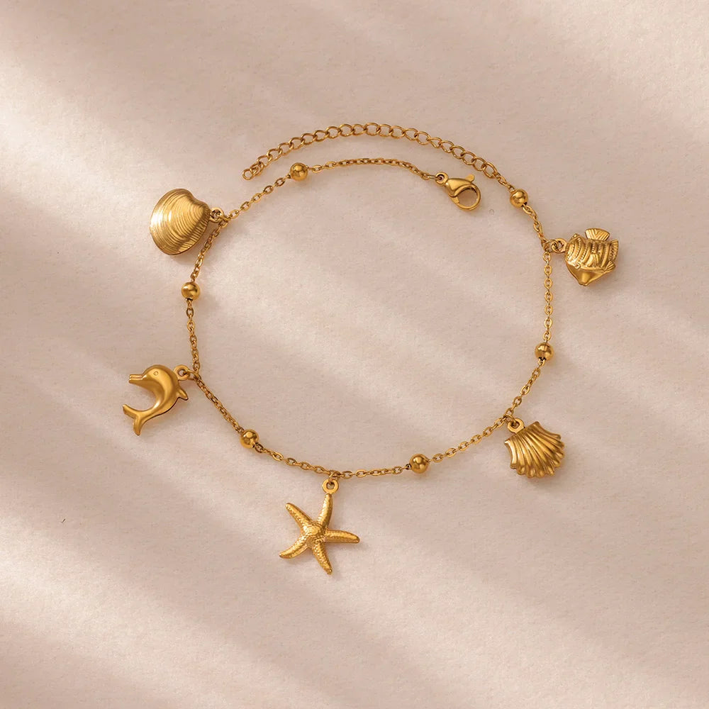 Summer Beach Stainless Steel Gold Color Chain Anklet For Women Starfish Shell Dolphin Fish Charm Ankle Bracelet Jewelry Gift Vera Lux