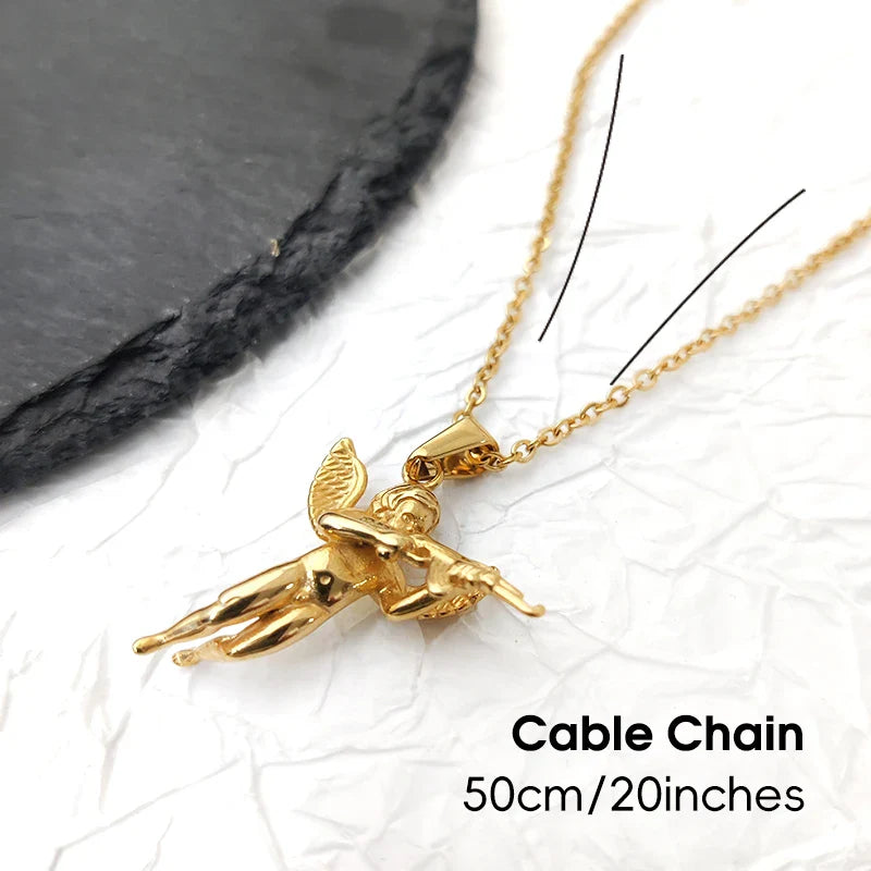 3D Angel with Gun Pendant Necklace for Men - 18K Gold Plated & 316L Steel Rope Chain Hip Hop Gothic Jewelry Gift Cupid's Reveng Vera Lux