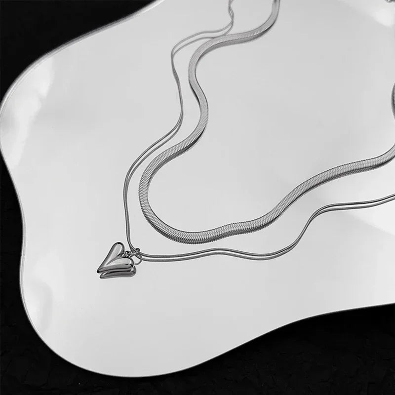 LATS Double Layered Love Heart Pendant Necklace for Women Silver Color Simple Neck Chain Choker Fashion Jewelry Birthday Gifts Vera Lux