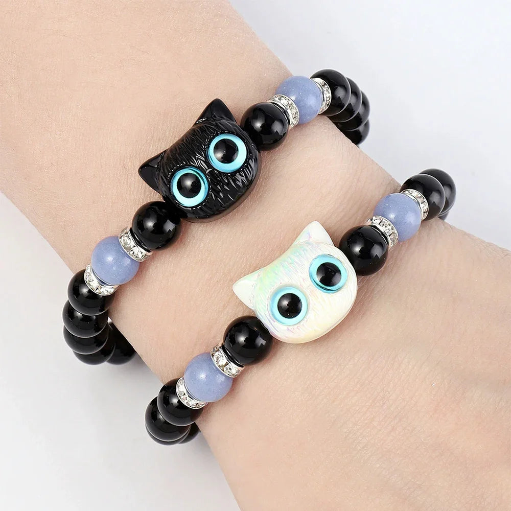 1 PC Matching Bracelets Couples Women Men Luminous Cute Cat Friendship Bracelete Black White Cat Head Bead Strand Bracelet Vera Lux