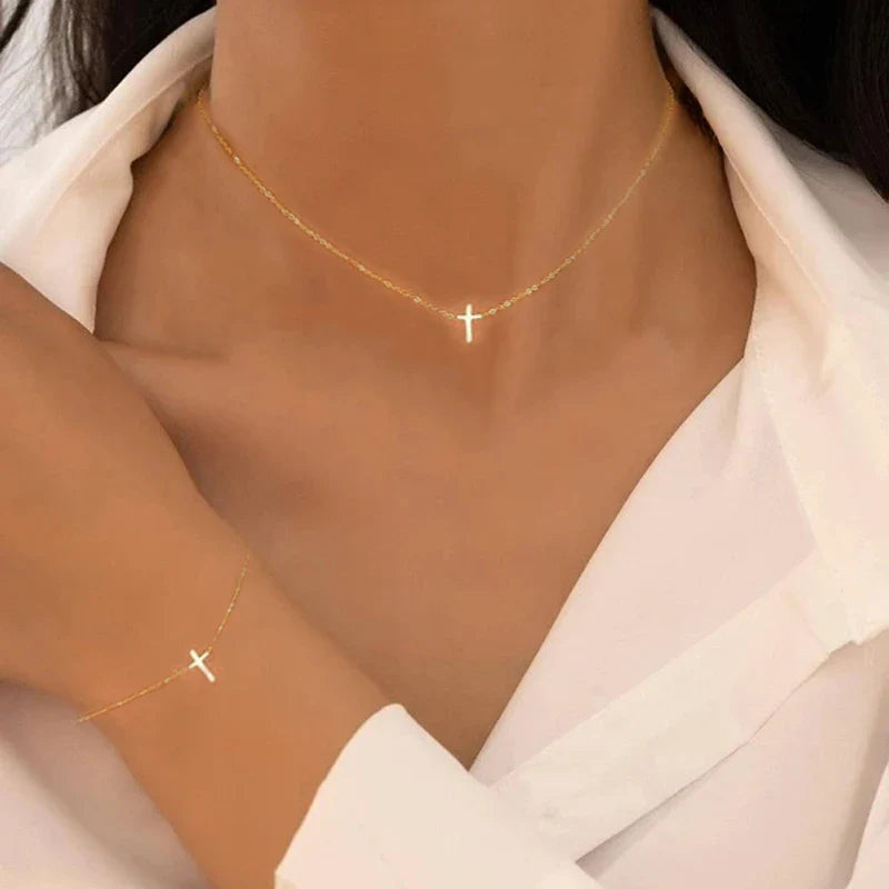 2 Pcs Exquisite Gold Color Bohemian Jewelry Set for Women Fashion Pearl Cross Pendant Necklace Bracelet Set Casual Jewelry Gifts Vera Lux