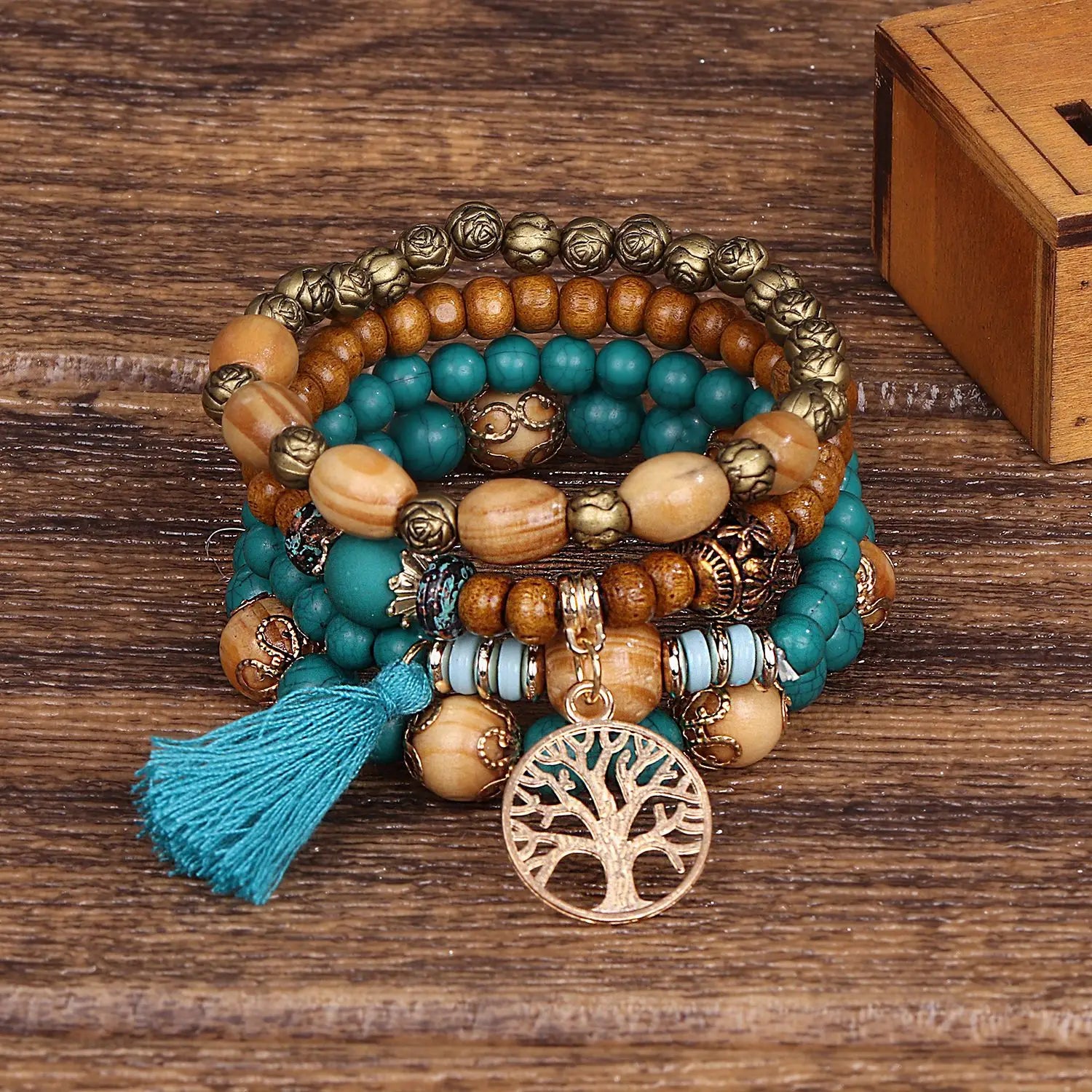 4Pcs Bohemia Tree Of Life Charm Beaded Bracelet Set For Women Handmade Wood Beads Chain Bangle Female Boho Jewelry Vera Lux