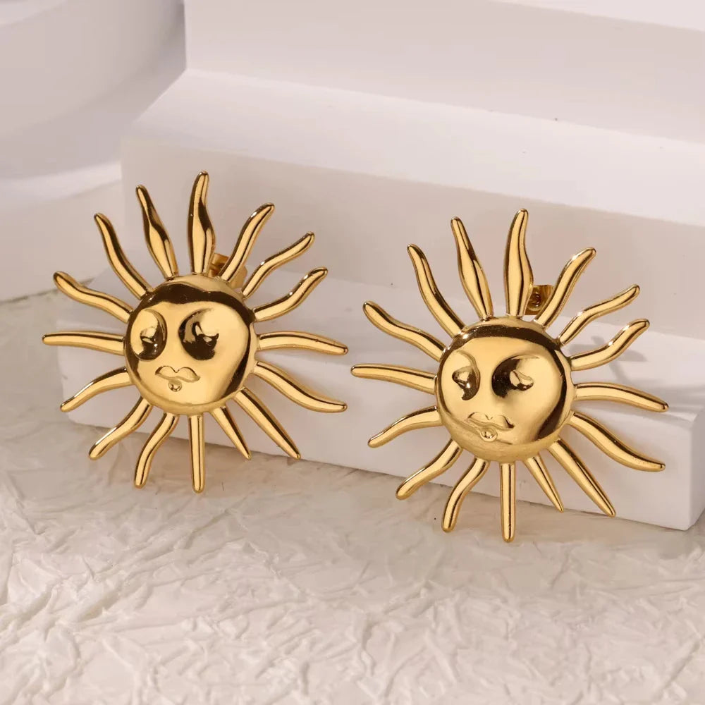 Punk Sun Face Stud Stainless Steel Earrings For Women Gold Color Star Piercing Ear Accessories Femme Gothic Jewelry Party Gift Vera Lux