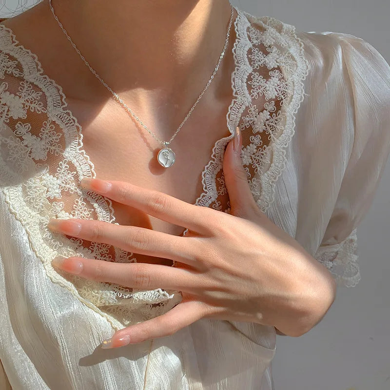 VENTFILLE 925 Silver Circular Geometry Rose Necklace Dropwise Glaze Korean Gentle Jewelry Birthday Gift Wholesale Vera Lux