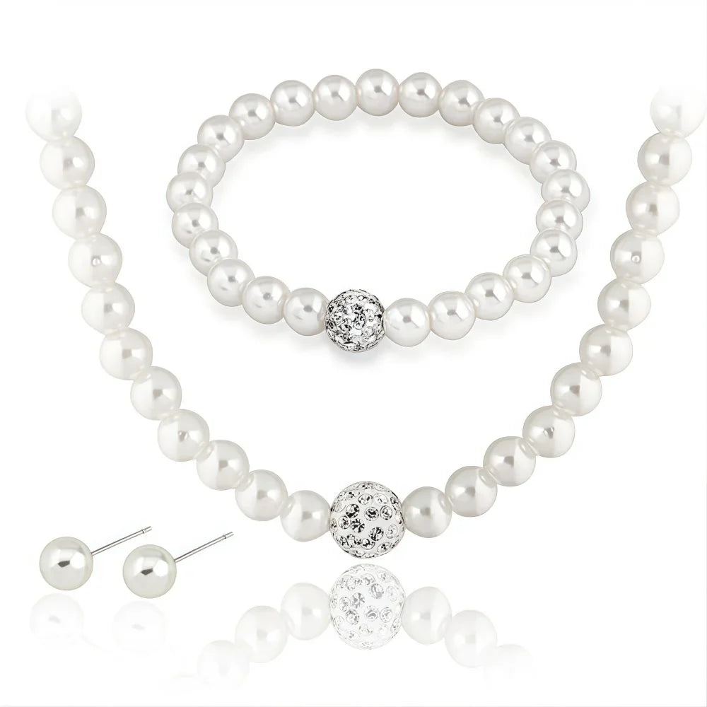 3 PCS Imitation Pearl Fireball Necklace Bracelet Earring Stud Jewelry Set Silver Color Crystal Stone Elegant Bridal Jewelry Gift Vera Lux