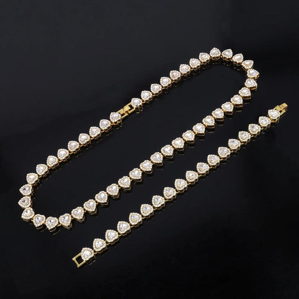 Yupsk 45CM/20CM Shiny Heart Rhinestone Hip Hop Rock Tennis Chain Bracelet Necklace for Women Men Trendy Jewelry Set Gift Vera Lux
