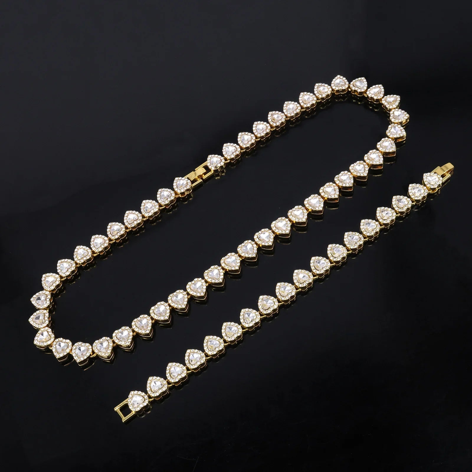 Yupsk 45CM/20CM Shiny Heart Rhinestone Hip Hop Rock Tennis Chain Bracelet Necklace for Women Men Trendy Jewelry Set Gift Vera Lux