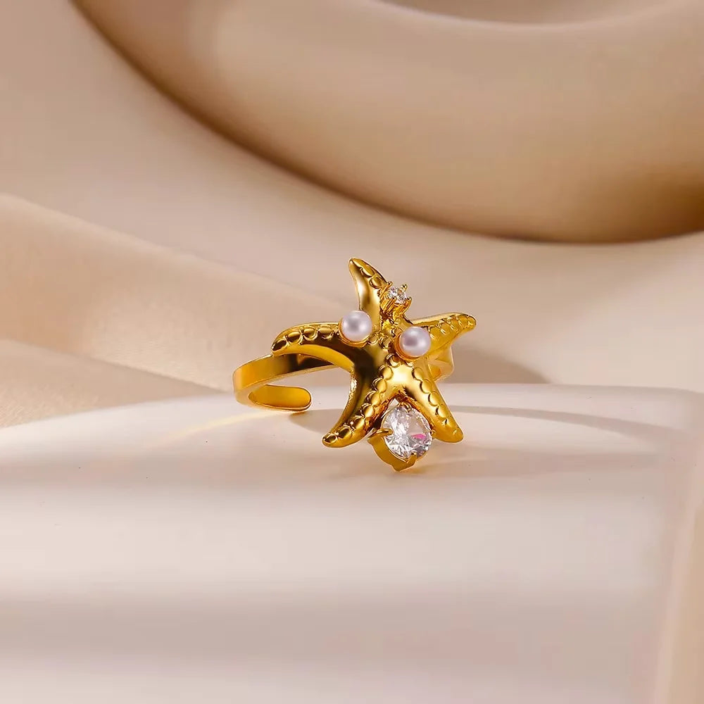 2025 Freshwater Anillos Stainless Steel Pearl Starfish Shell Rings For Women Punk Gold Color Vintage Waterproof Beach Jewelry Vera Lux