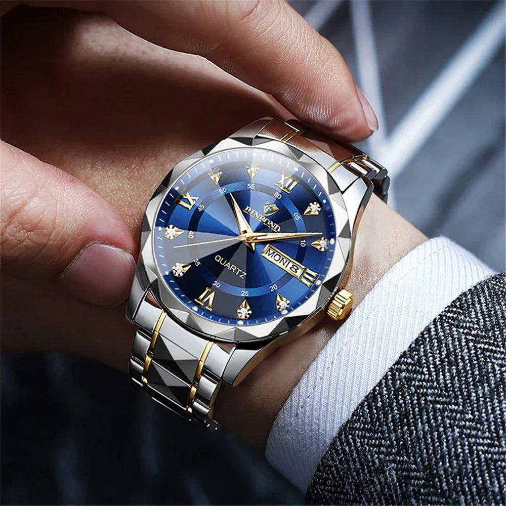 New Gold Business Leather Casual Diamond Clock Men Luxury Watch Automatic Watches Mens Fashion Quartz Wristwatches Orologi Uomo Vera Lux