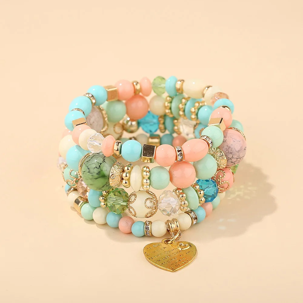 4Pcs Boho Crystal Beads Chain Bracelet Set For Women Vintage Heart Charm Elastic Bangle Female Fashion Party Jewelry Vera Lux