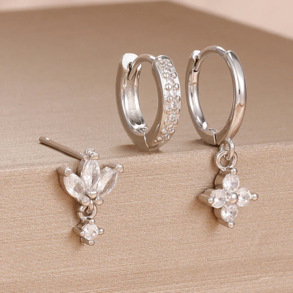 3PCS Fashion Orange Blue Zircon Hanging Earrings Set for Women Stainless Steel Flower Dangle Earring Piercing Jewelry Vera Lux