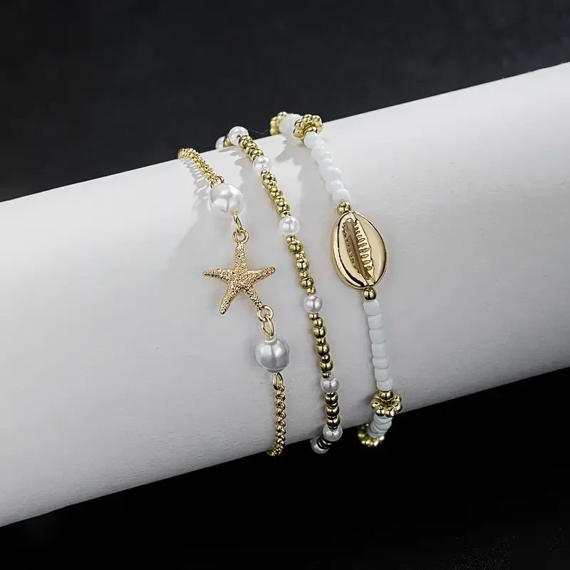 3 Pcs Beach Beaded Anklet Set for Women Vintage Summer Gold Color Starfish Shell Charms Anklet Vacation Daily Wear Jewelry Gifts Vera Lux