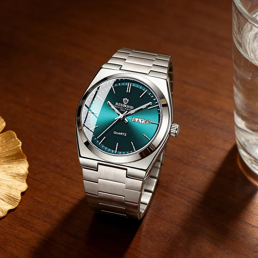 BINBOND Luxury Fashion Man Clock Top Business Waterproof Luminous Date Week Men's Watches Quartz Stainless Steel Men Wristwatch Vera Lux