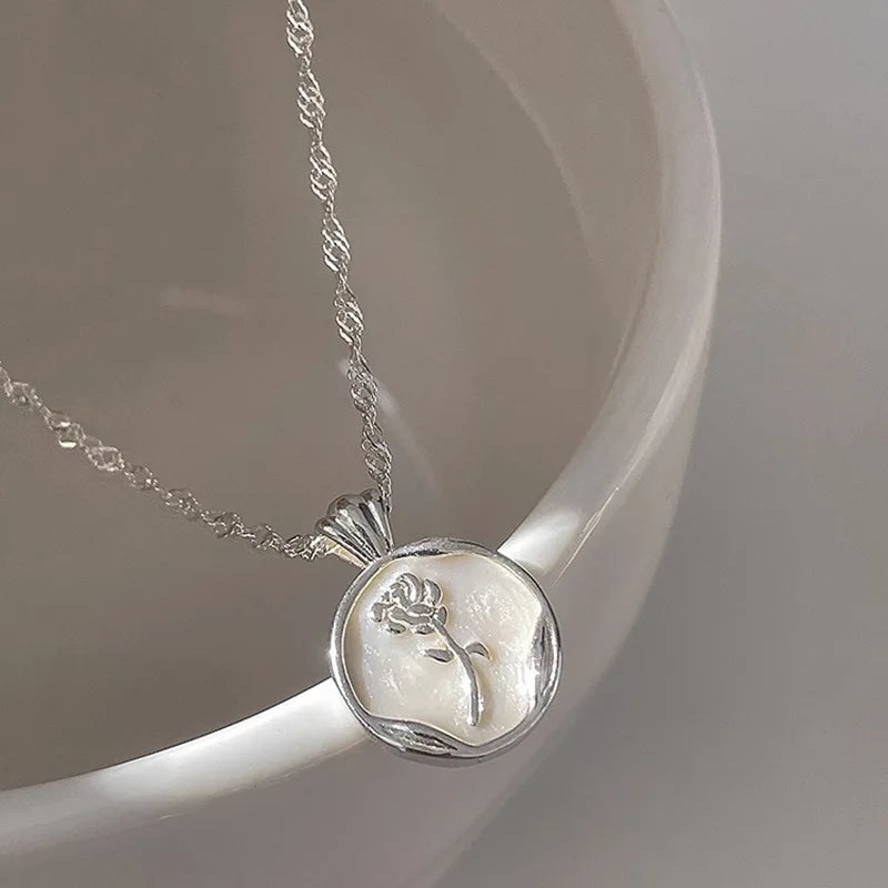 VENTFILLE 925 Silver Circular Geometry Rose Necklace Dropwise Glaze Korean Gentle Jewelry Birthday Gift Wholesale Vera Lux