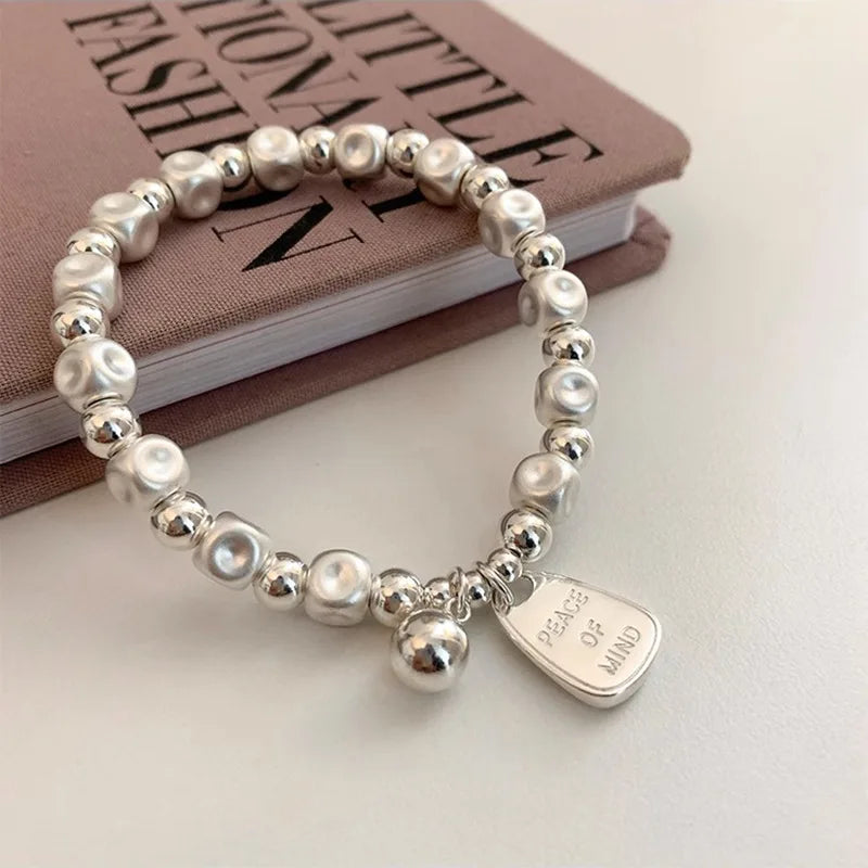 925 Sterling Silver Matte Finish Geometry Bracelet For Women Letter Bead Frosting Peace Jewelry Gifts Vera Lux