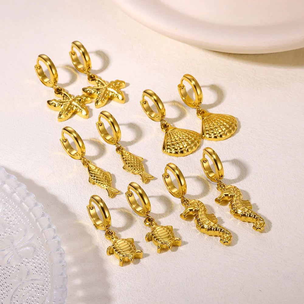 Freshwater Ocean Starfish Shell Hoop Earrings For Women Elegant Stainless Steel Gold Color Aretes Christmas jewelry accessories Vera Lux