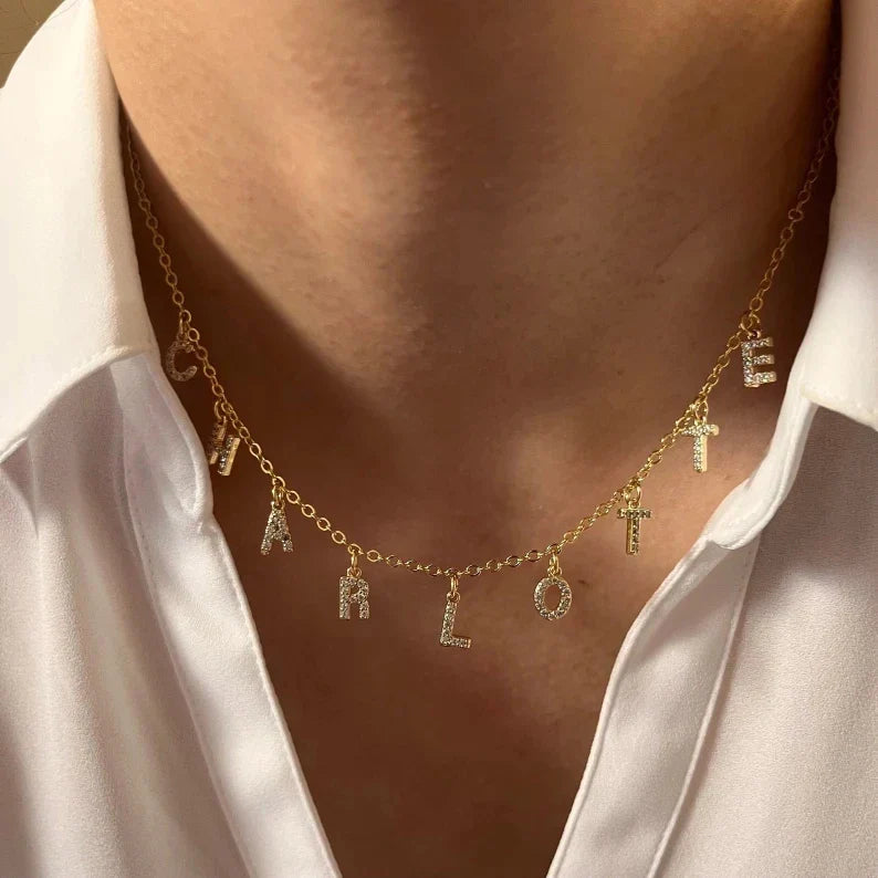 SUNIBI Customized  Name Necklace Personalized Zircon Letter Stainless Steel Choker Necklace Pendant Nameplate Gift Dropshipping Vera Lux