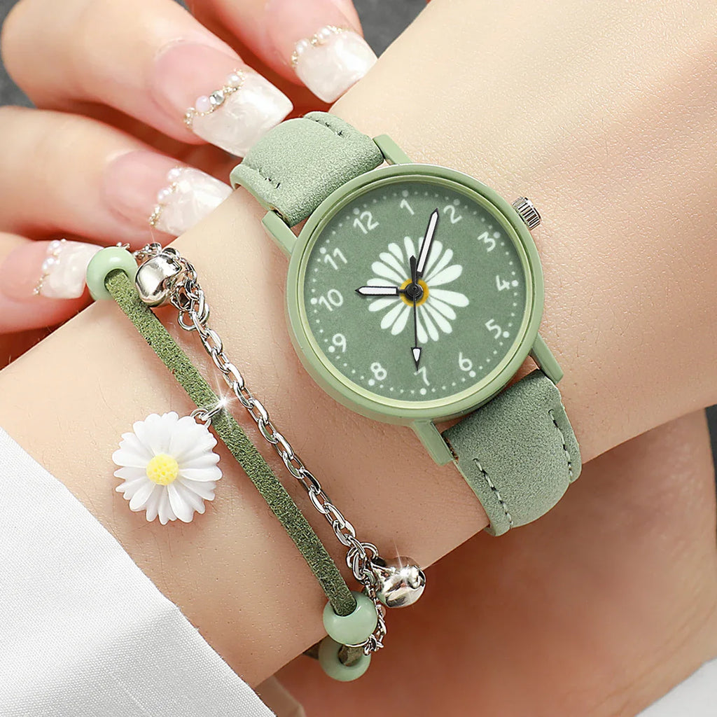 2PCS/Set Fashion Women Watches Bracelet Set Simple Arabic Dial Leather Strap Quartz Watches Reloj Mujer Girls Clock Gift Vera Lux