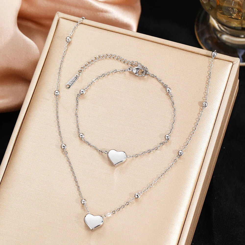 DOTIFI Stainless Steel Stereoscopic Heart Pendant Necklace Bracelet Jewelry Set Simple Fashion Commuter For Women Jewelry Gift Vera Lux