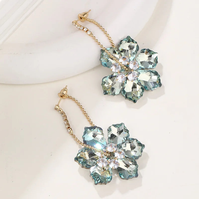 2025 New Colorful Purple Crystal Flower Dangle Drop Earrings for Women Trend Korea Fashion Luxury Wedding Party Banquet Jewelry Vera Lux