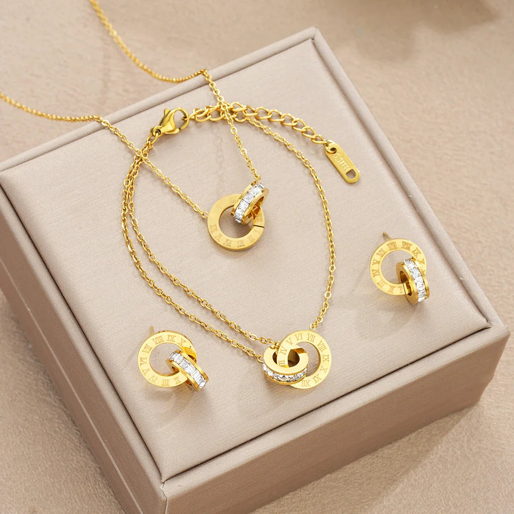 4Pcs/Set Gold Color Stainless Steel Crystal Necklace Bracelet Earrings for Women Interlocking Circles Roman Numbers Jewelry Sets Vera Lux