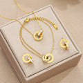 4Pcs/Set Gold Color Stainless Steel Crystal Necklace Bracelet Earrings for Women Interlocking Circles Roman Numbers Jewelry Sets Vera Lux