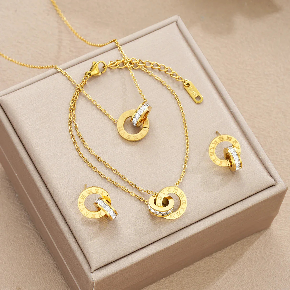 4Pcs/Set Gold Color Stainless Steel Crystal Necklace Bracelet Earrings for Women Interlocking Circles Roman Numbers Jewelry Sets Vera Lux