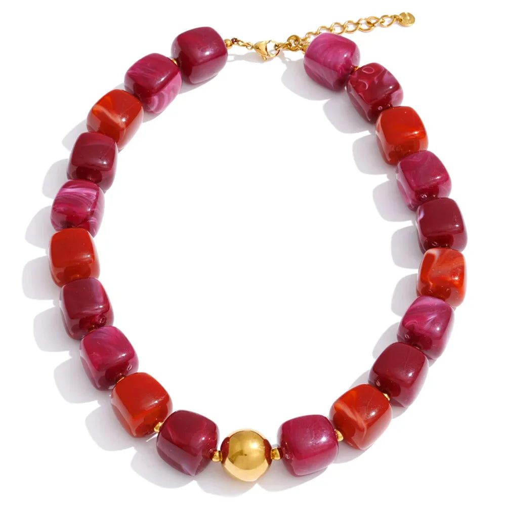 Yhpup Acrylic Square Beads Chain Necklace Bracelet Bangle Stainless Steel Handmade Jewelry Waterproof Green Khaki Pink Amber Vera Lux