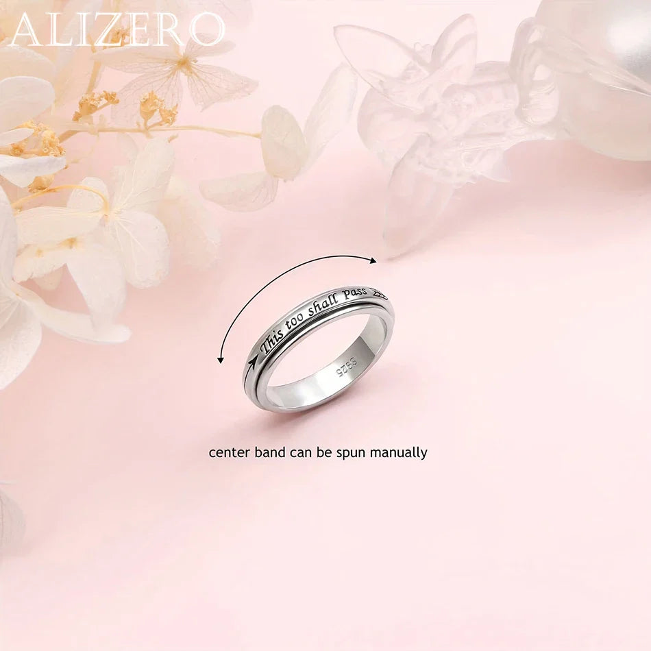 925 Sterling Silver Rotating Ring - "This Too Shall Pass" Quote, Adjustable 6-10 US Size, Bohemian Vintage Style for Women Men Vera Lux