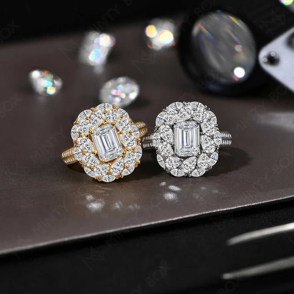 MINTYBOX 2.0ct Flower Design Halo Emerald Cut Engagement Ring Lab Diamond S925 Silver Moissanite Rings For Women 18K Gold Plated Vera Lux
