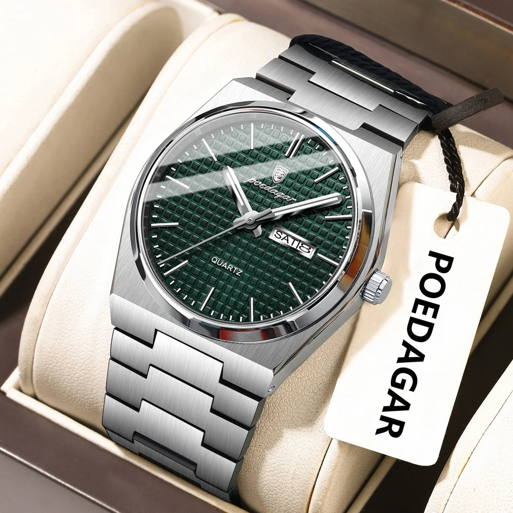 POEDAGAR Luxury Original Man Watch Waterproof Stainless Steel Luminous Men's Wristwatch Date Week Quartz Fashion Watches For Men Vera Lux