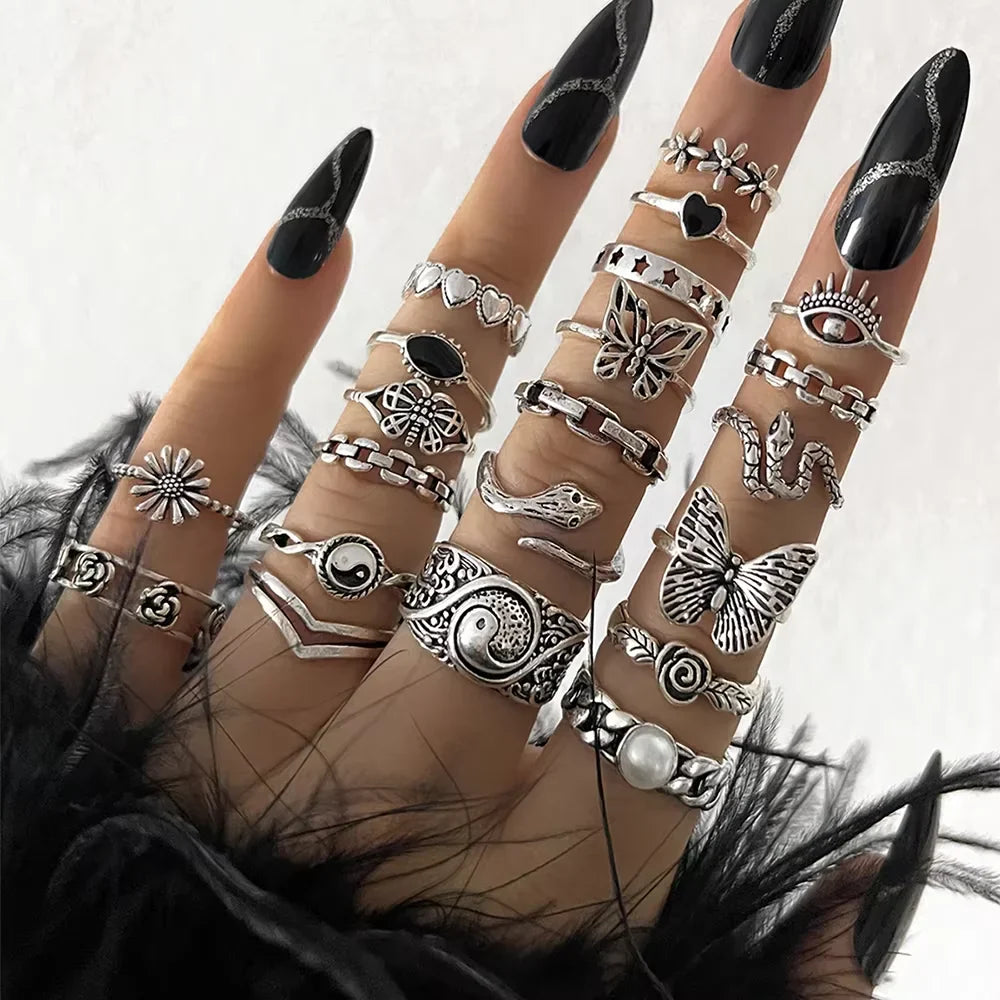 21 Pcs Gothic Rings Set for Women Fashion Simple Snake Butterfly Evil Eye Finger Ring Trendy Punk Jewelry Gifts 2024 New Vera Lux