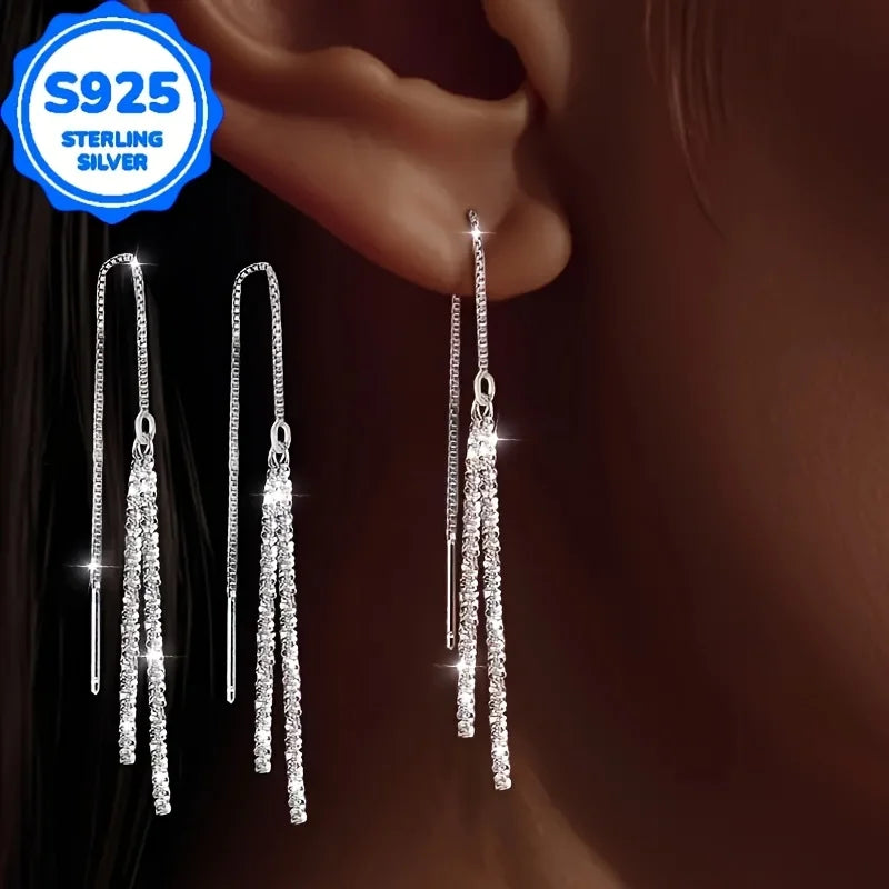 A pair of 2 pieces, women's fashionable hanging earrings, retro Bohemian style, hypoallergenic S925 silver, sparkling long ear l Vera Lux