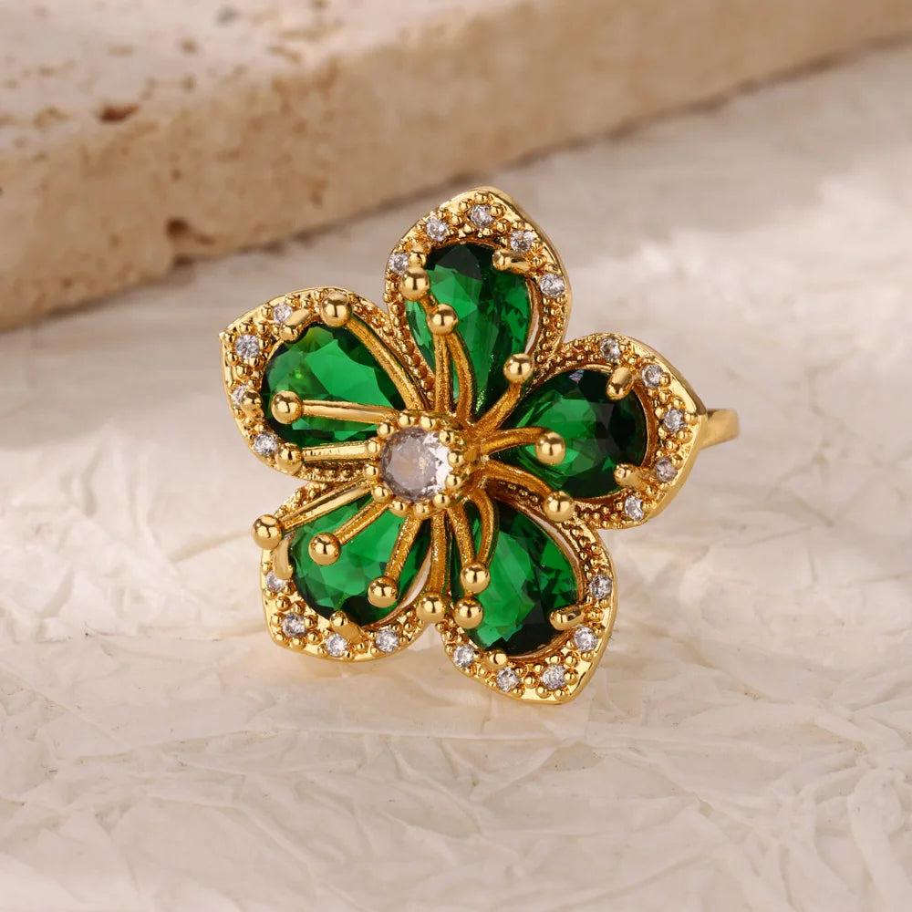 Luxury Colorful Zircon Flower Rings For Women Gold Color Stainless Steel Opening Ring Fashion Wedding Party Aesthetic Jewelry Vera Lux