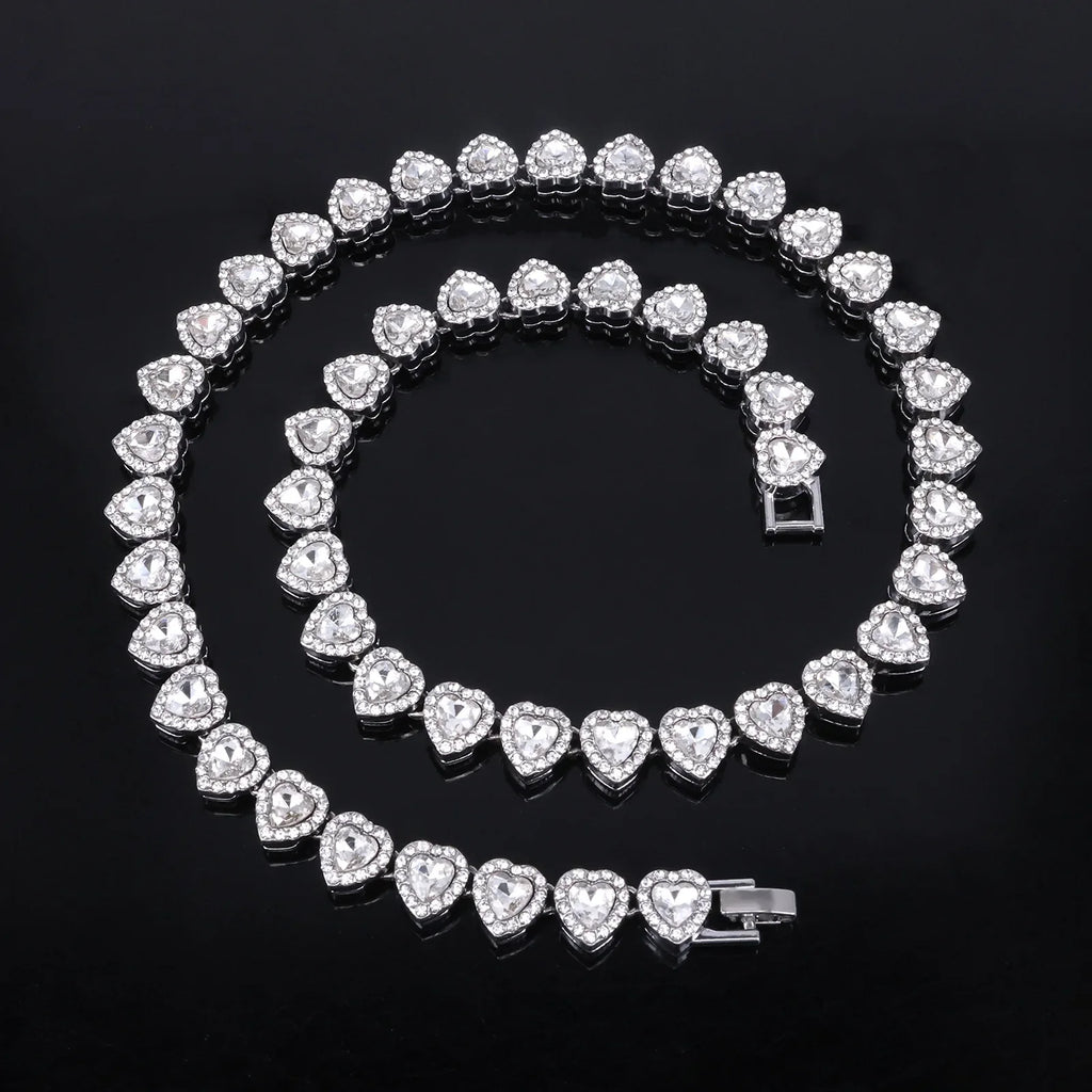 Yupsk 45CM/20CM Shiny Heart Rhinestone Hip Hop Rock Tennis Chain Bracelet Necklace for Women Men Trendy Jewelry Set Gift Vera Lux