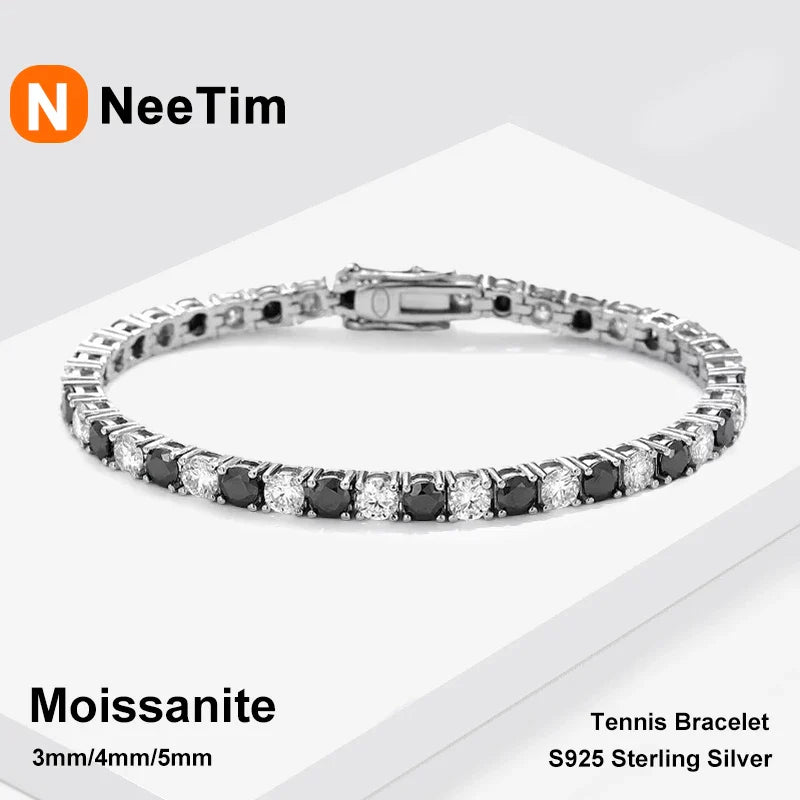 NeeTim Black and White All Moissanite Tennis Bracelets for Women Man s925 Sterling Silver Plated White Gold Hip Hop Bracelet Vera Lux