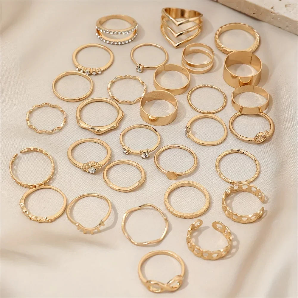 30pcs Elegant Boho Gold Color Rings Set Vintage Design Rhinestone Geometric Finger Ring Trendy Minimalist Jewelry Gifts 2024 Vera Lux