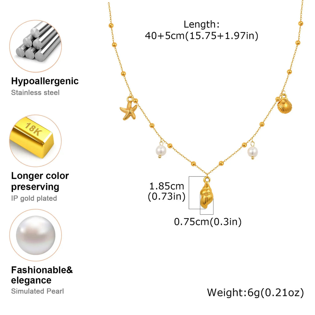 18k Gold Plated Pearl Shell Conch Starfish Summer Beach Necklace, Charms Necklace for Women,Stainless Steel Waterproof Jewelry Vera Lux