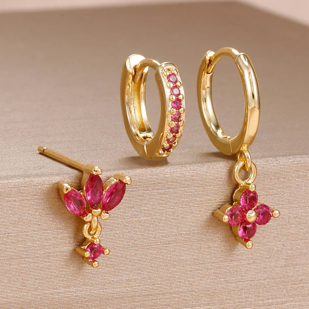 3PCS Fashion Orange Blue Zircon Hanging Earrings Set for Women Stainless Steel Flower Dangle Earring Piercing Jewelry Vera Lux