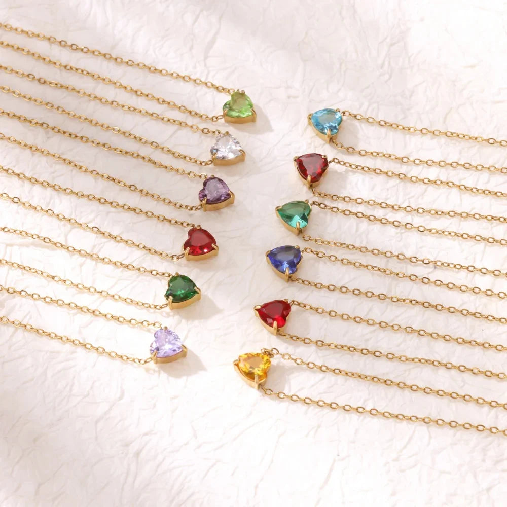 Stainless Steel Birthstone Pendant Necklace for Women Fashion Heart Crystal Zircon Charm Clavicle Chain Birthday Party Jewelry Vera Lux