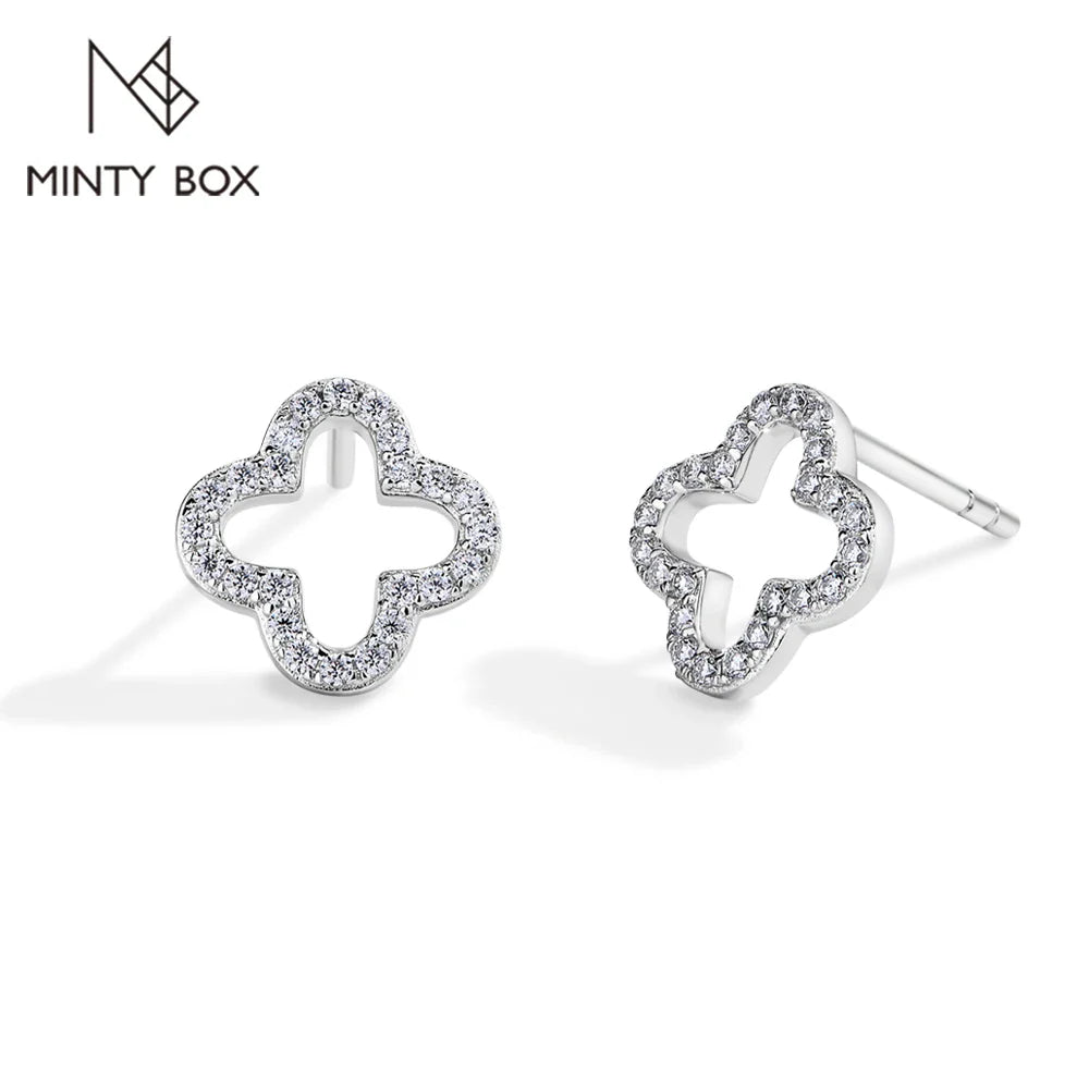 MINTYBOX S925 Sterling Silver Moissanite Diamond Stud Earrings for Women Clover 18k White Gold Plated Flower Wedding Fine Jewelr Vera Lux