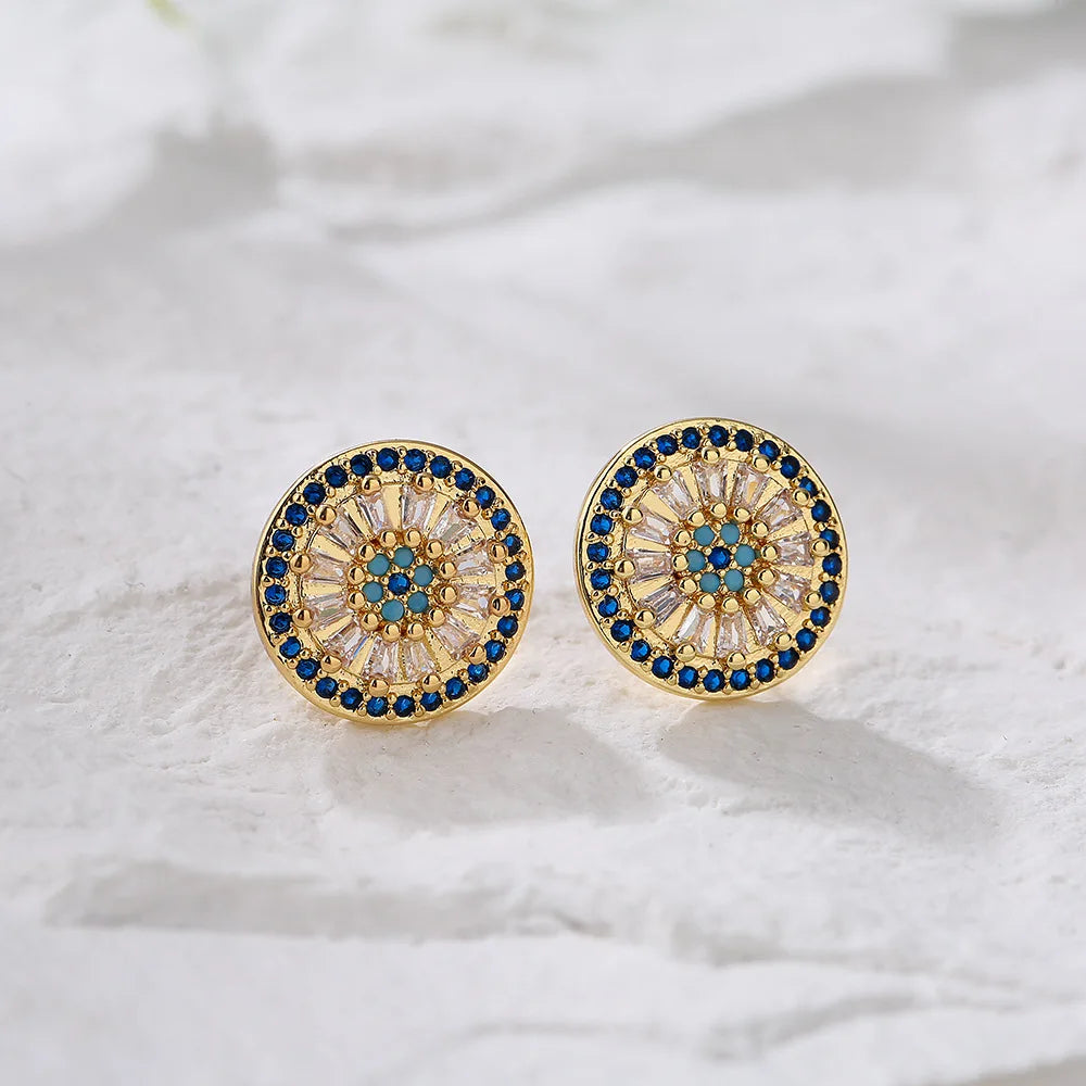 NEWBUY Luxury AAA Cubic Zirconia Pave Setting Copper Jewelry Gold Color Round Stud Earrings For Women Girl Vera Lux