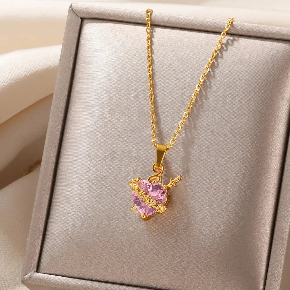 Pink Heart Zircon Necklace Gold Color Stainless Steel Cupid Eros Arrow Heart Pendant Necklace Korean Fashion Jewelry Girls Party Vera Lux