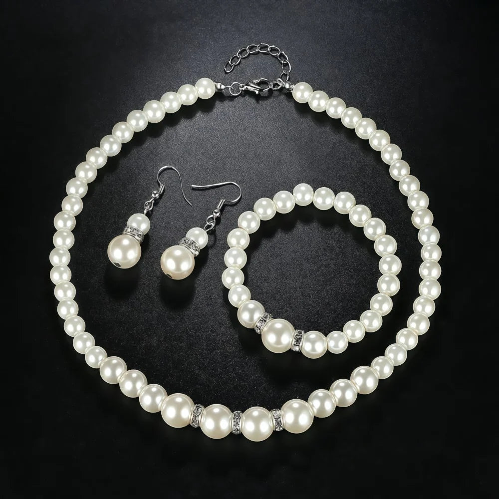 3 PCS Imitation Pearl Fireball Necklace Bracelet Earring Stud Jewelry Set Silver Color Crystal Stone Elegant Bridal Jewelry Gift Vera Lux